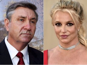 This combination photo shows Jamie Spears, father of singer Britney Spears, leaving the Stanley Mosk Courthouse in Los Angeles on Oct. 24, 2012, left, and singer Britney Spears at the Los Angeles premiere of "Once Upon a Time in Hollywood" on July 22, 2019.