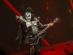 Singer-bassist Gene Simmons of KISS performs during The Final Tour Ever at the Scotiabank Arena in Toronto, Wednesday, March 20, 2019.