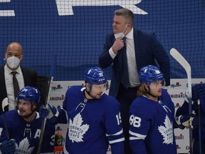 Maple Leafs head coach Sheldon Keefe reacts to a play against Montreal Canadiens.