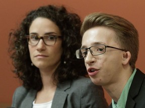 Jérémy Gabriel and lawyer Marie Dominique in 2016, after the Human Rights Tribunal found comedian Mike Ward guilty of making discriminatory comments against Gabriel.