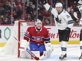 Sharks' Jonathan Dahlen celebrates his teammate's second-period goal as Canadiens goalie watches helplessly Tuesday night at the Bell Centre.