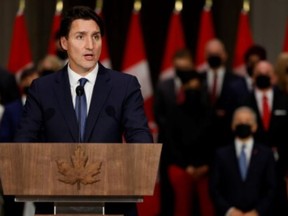 Prime Minister Justin Trudeau speaks during a news conference after the swearing-in of a new Cabinet in Ottawa on Oct. 26, 2021. REUTERS/