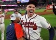 Freddie Freeman celebrates after leading the Atlanta Braves to an NLDS series win over the Milwaukee Brewers. GETTY IMAGES