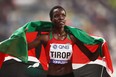 Agnes Jebet Tirop of Kenya celebrates winning bronze in the Women's 10,000 Metres final during day two of 17th IAAF World Athletics Championships Doha 2019 at Khalifa International Stadium on September 28, 2019 in Doha, Qatar.