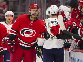 Carolina Hurricanes right wing Nino Niederreiter scores a third period past Florida Panthers at PNC Arena in Raleigh, N.C., Dec. 21, 2019.