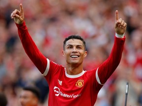 Manchester United's Cristiano Ronaldo celebrates scoring a goal during the game against Newcastle United in Old Trafford, Manchester, England, Sept. 11, 2021.