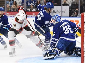 Ottawa forward Egor Sokolov tries to score on Leafs goalie Jack Campbell on Saturday. USA TODAY SPORTS