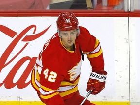 Calgary Flames Glenn Gawdin during warm up before taking on the Ottawa Senators in NHL action at the Scotiabank Saddledome in Calgary on Sunday, May 9, 2021. Darren Makowichuk/Postmedia