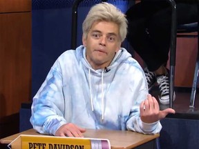 Rami Malek plays Pete Davidson during a skit on "Saturday Night Live."