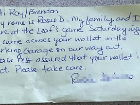 The note left by the woman who found Brenden Mombourquette's lost wallet after the Oct. 9 Leafs game in Toronto. The Good Samaritan spotted Mombourquette's wallet in a parking garage and returned it to him via FedEx.
