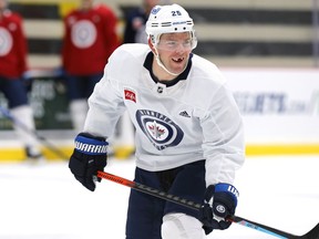 Paul Stastny flashes a grin during Winnipeg Jets training camp at Bell MTS Iceplex in Winnipeg on Monday, Sept. 27, 2021.
