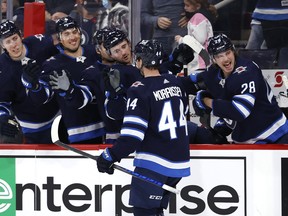 Winnipeg Jets defenceman Josh Morrissey celebrates his second-period goal against the Dallas Stars at Canada Life Centre.