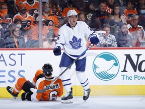 Ondrej Kase of the Toronto Maple Leafs reacts to a call during the first period against the Philadelphia Flyers at Wells Fargo Center on November 10, 2021 in Philadelphia.