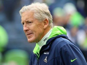 Seattle Seahawks head coach Pete Carroll looks on before the game against the Arizona Cardinals.