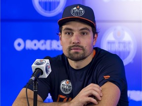 Cody Ceci (5) speaks to the media after the Edmonton Oilers practice at the Downtown Community Arena on Wednesday, Oct. 6, 2021 in Edmonton. Greg Southam-Postmedia