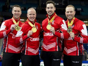 Tim Hortons Curling Trials.(L-R)Skip Brad Gushue,3rd.Mark Nichols, 2nd.Brett Gallant, lead Geoff Walker defeat Brad Jacobs 4-3 to capture the mens trials in Saskatoon, Sask., on Nov. 28, 2021.