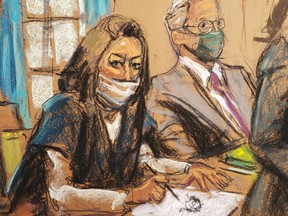 Ghislaine Maxwell, the Jeffrey Epstein associate accused of sex trafficking, makes a sketch of court artists during a pre-trial hearing ahead of jury selection, in a courtroom sketch in New York City, Nov. 1, 2021.