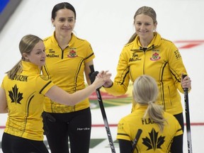 Team Harrison celebrates after defeating Team Homan in the Tim Hortons Curling Trials. Michael Burns Photo