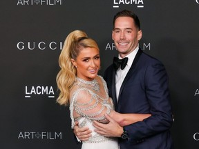 Paris Hilton and Carter Reum attend the 10th Annual LACMA ART+FILM GALA presented by Gucci at Los Angeles County Museum of Art on Nov. 6, 2021 in Los Angeles, Calif.