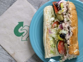 A tuna sandwich from Subway is displayed on June 22, 2021 in San Anselmo, Calif.