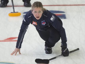 Skip Krista McCarville of Thunder Bay shouts to her front end during a curling game on Oct. 26, 2021.
