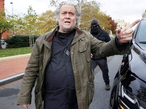 Steve Bannon, talk show host and former White House adviser to former President Donald Trump, arrives at the FBI's Washington field office to turn himself in to federal authorities, in Washington, D.C., Monday, Nov. 15, 2021.