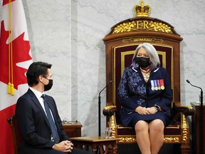 Prime Minister Justin Trudeau looks on at Governor General Mary Simon ahead of the Throne Speech in the Senate of Canada in Ottawa, Nov. 23, 2021.