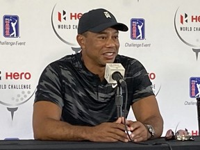Tiger Woods holds his first press conference since his Feb. 23 car crash in Los Angeles at the Hero World Challenge golf tournament in Nassau, Bahamas, Tuesday, Nov. 30, 2021.