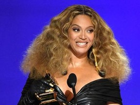 In this handout photo courtesy of The Recording Academy, singer Beyonce accepts the Best R&B Performance award for 'Black Parade' onstage during the 63rd Annual Grammy Awards at Los Angeles Convention Center on March 14, 2021.