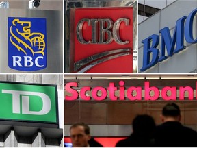 A combination photo shows Canadian investment banks RBC, CIBC, BMO, TD and Scotiabank in Toronto, Ontario, Canada on March 16, 2017.