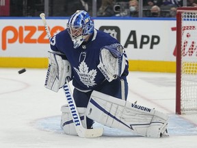 Toronto Maple Leafs goaltender Jack Campbell goes to make a save on a Vegas Golden Knights shot during the third period at Scotiabank Arena.