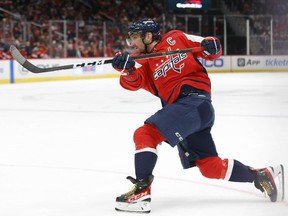 Washington Capitals left wing Alex Ovechkin shoots the puck against the Buffalo Sabres during the third period at Capital One Arena in Washington on Nov 8, 2021.