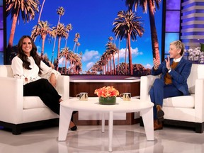 In this photo released by Warner Bros., talk show host Ellen DeGeneres is seen during a taping of "The Ellen DeGeneres Show" at the Warner Bros. lot in Burbank, Calif.