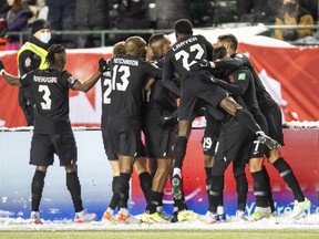 CP-Web. Canada players celebrate a goal against Mexico during World Cup Qualifiers in Edmonton, Tuesday, Nov. 16, 2021.