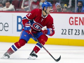 Canadiens' Ryan Poehling follows the play during third period against the Pittsburgh Penguins in Montreal on Nov. 18, 2021.