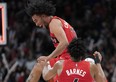 Toronto Raptors forward Justin Champagnie celebrates at the end of the fourth quarter against the Oklahoma City Thunder.