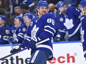 Toronto Maple Leafs right winger William Nylander celebrates a third period goal.