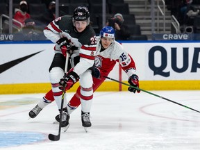 Team Canada’s Owen Power (25) battles Team Czechia’s Jakub Kos (15) during second period IIHF World Junior Championship action at Rogers Place in Edmonton, on Sunday, Dec. 26, 2021.