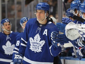 Leafs superstar Auston Matthews celebrates after scoring one of his three goals against the Avalanche on Wednesday. GETTY IMAGES