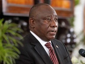 South African President Cyril Ramaphosa speaks during former South African President FW de Klerk's state memorial service at the Groote Kerk church in Cape Town, Sunday, Dec. 12, 2021.