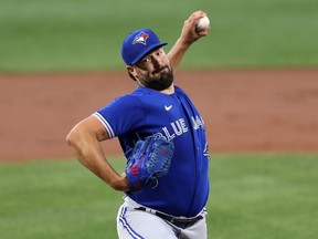 Blue Jays starting pitcher Robbie Ray throws to an Orioles batter in the first inning at Oriole Park at Camden Yards in Baltimore, Friday, Sept. 10, 2021.