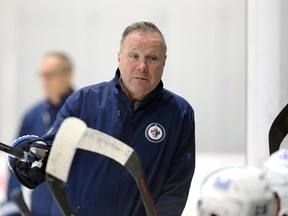 Assistant coach Dave Lowry speaks with the penalty-killers during Winnipeg Jets training camp at BellMTS Iceplex in Winnipeg on Wednesday, Oct. 6, 2021.