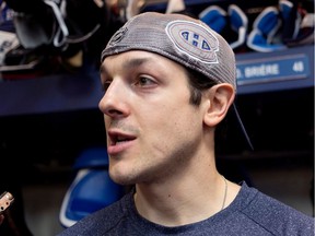 Montreal Canadiens' Daniel Brière speaks with the media after a team practice in Brossard on April 14, 2014.