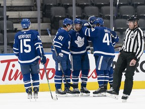 Toronto Maple Leafs defenceman TJ Brodie (78) celebrates scoring a goal.