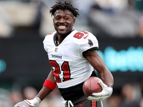 Antonio Brown of the Tampa Bay Buccaneers warms up prior to the game against the New York Jets at MetLife Stadium on Jan. 2, 2022 in East Rutherford, N.J.