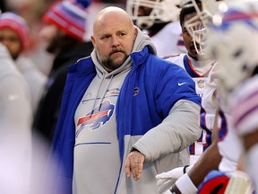 Offensive Coordinator Brian Daboll of the Buffalo Bills looks on prior to the AFC Divisional Playoff game against the Kansas City Chiefs at Arrowhead Stadium on January 23, 2022 in Kansas City, Missouri.