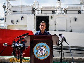 Coast Guard Sector Miami Commander Captain Jo-Ann F. Burdian speaks during a press in Miami, Florida, on January 27, 2022.