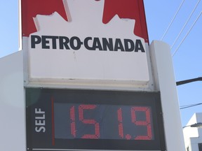 Gas prices soared overnight almost six cents - $145.9 to $151.9 - jumping the price from some stations in the southwest Scarborough triangle bordered by Victoria Park Ave. to Midland and down to Kingston Rd. (Pictured) Petro-Canada at Blantyre Ave. and Kingston Rd. - a block east of Top Valu - sees its gas a penny higher at $151.9 a litre on Friday January 28, 2022.