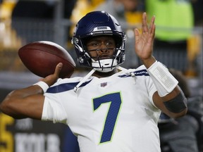 Geno Smith of the Seattle Seahawks warms up prior to facing the Pittsburgh Steelers at Heinz Field on Oct. 17, 2021 in Pittsburgh.