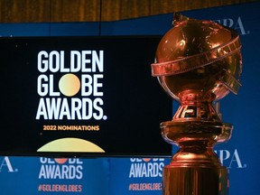 In this file photo taken on Dec. 13, 2021 the stage is set for the nominations announcement for the 79th Golden Globe Awards, at the Beverly Hilton Hotel in Beverly Hills, Calif.
